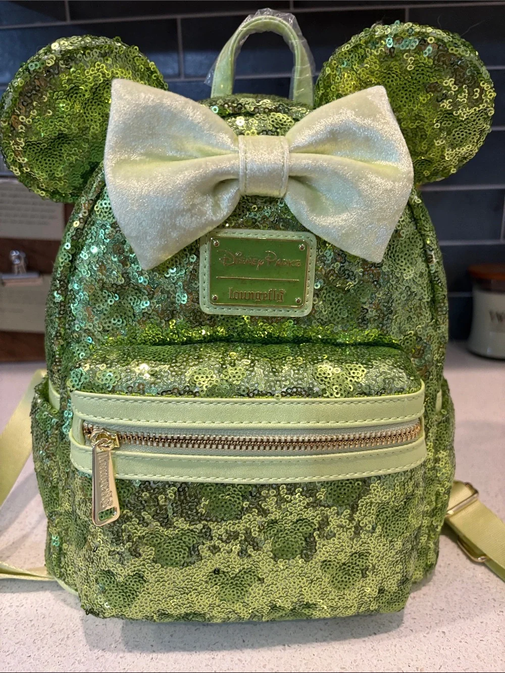 Disney Green Sequin Minnie Ear Loungefly Backpack with Hidden Mickeys. NWT